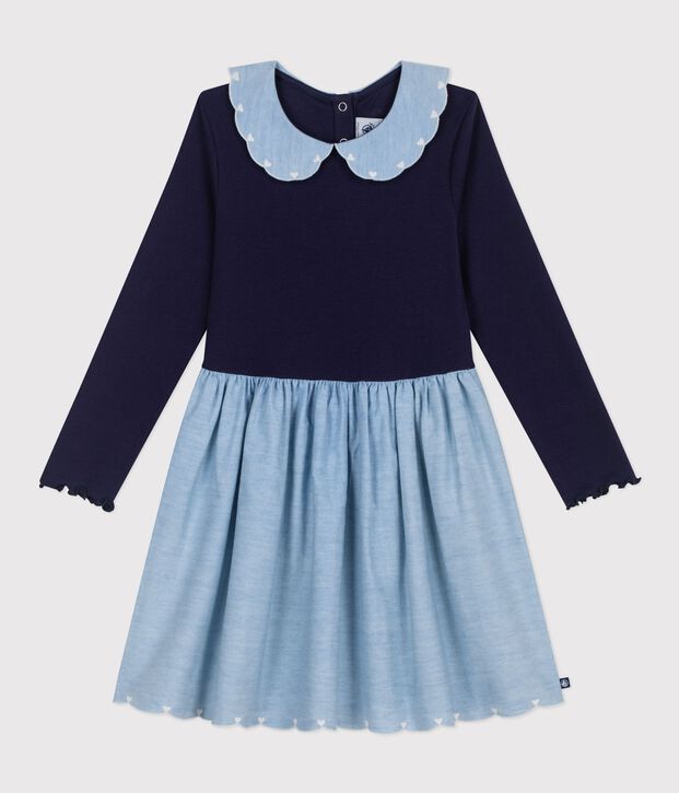 Girls' long-sleeved cotton dress in two materials SOIR