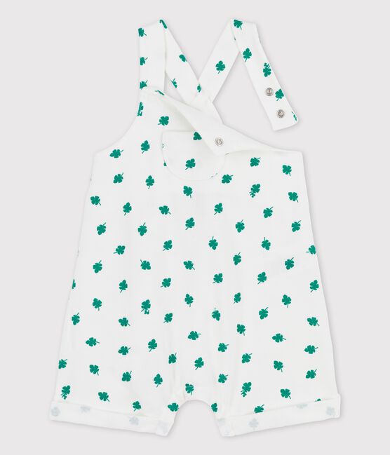 Babies' Organic Fleece Plant Print Dungaree Shorts MARSHMALLOW white/GAZON green