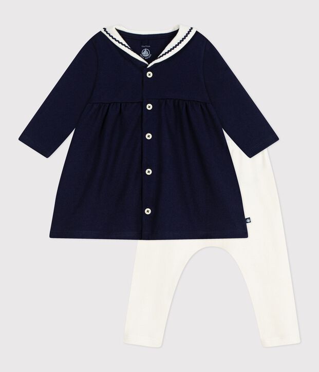 Babies' dress in a sailor style with a sailor collar and cotton leggings blue/ecru