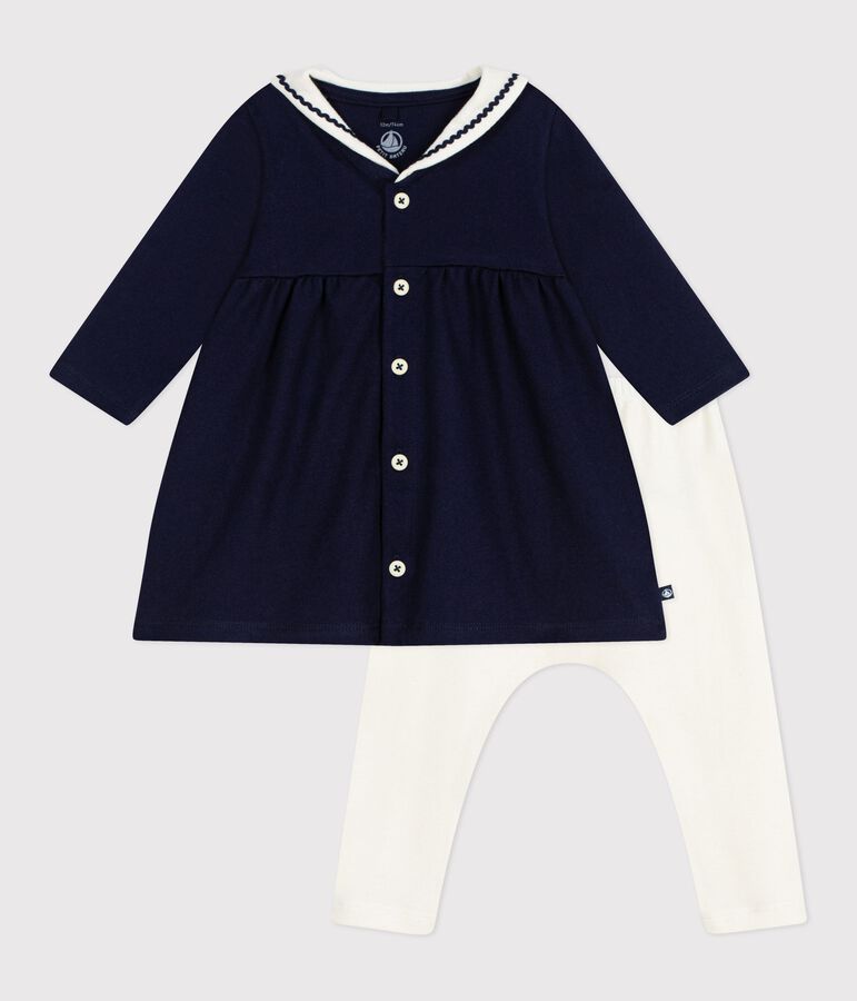 Babies' dress in a sailor style with a sailor collar and cotton leggings blue/ecru