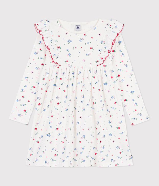 Children's long-sleeved floral print cotton dress white/multicolor