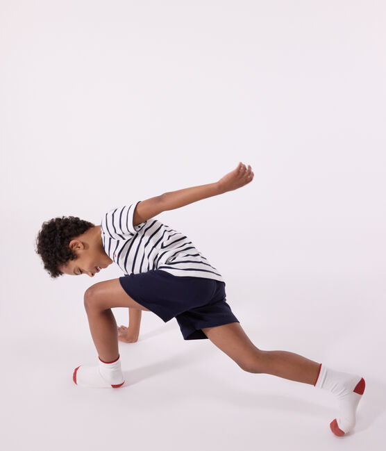 Boys' Short Cotton Pyjamas with Sailor Stripes MARSHMALLOW white/SMOKING blue