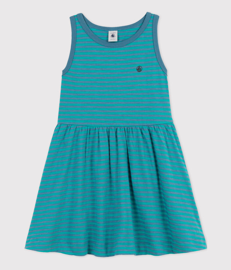 Girls' Sleeveless Striped Cotton Dress LAVIS green/VERDE blue