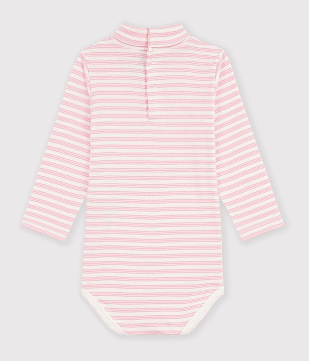 Babies' stripy cotton rollneck body pink/pink