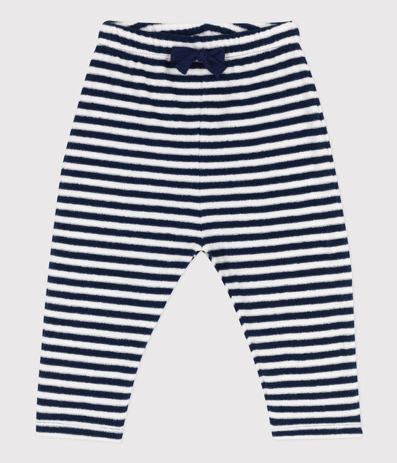 Babies' Striped Brushed Terry Towelling Trousers MEDIEVAL blue/MARSHMALLOW white