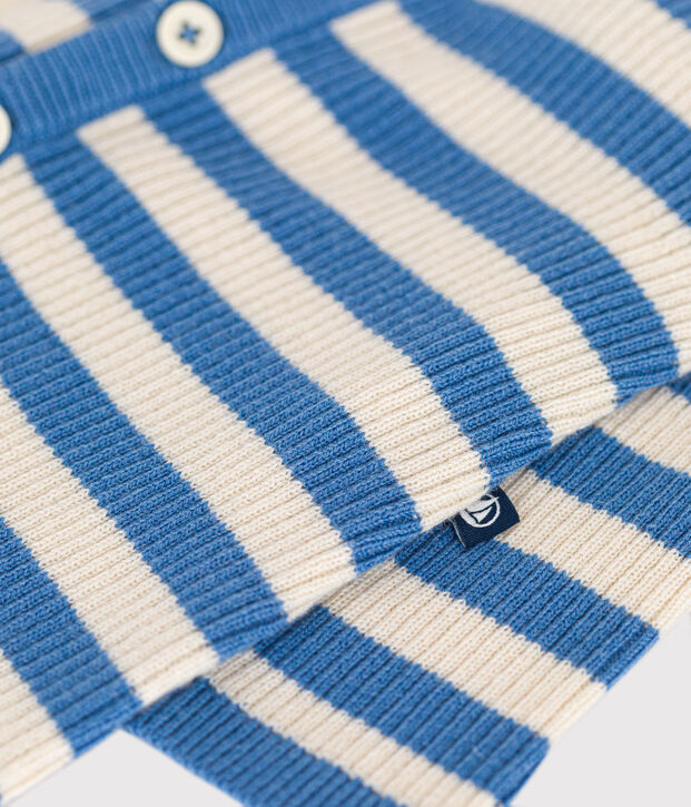 Babies' stripy wool and cotton knit jumpsuit blue/ecru