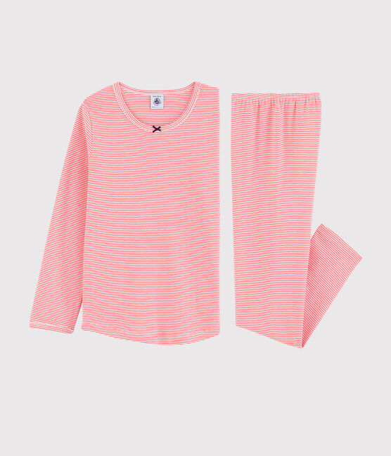 Girls' Pinstriped Cotton Pyjamas PEACHY pink/MARSHMALLOW white