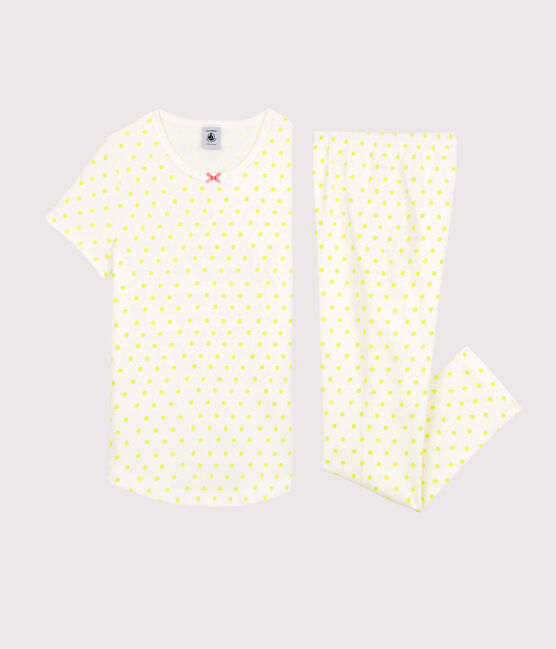Girls' Yellow Spotted Fine Cotton Pyjamas MARSHMALLOW white/SUNNY