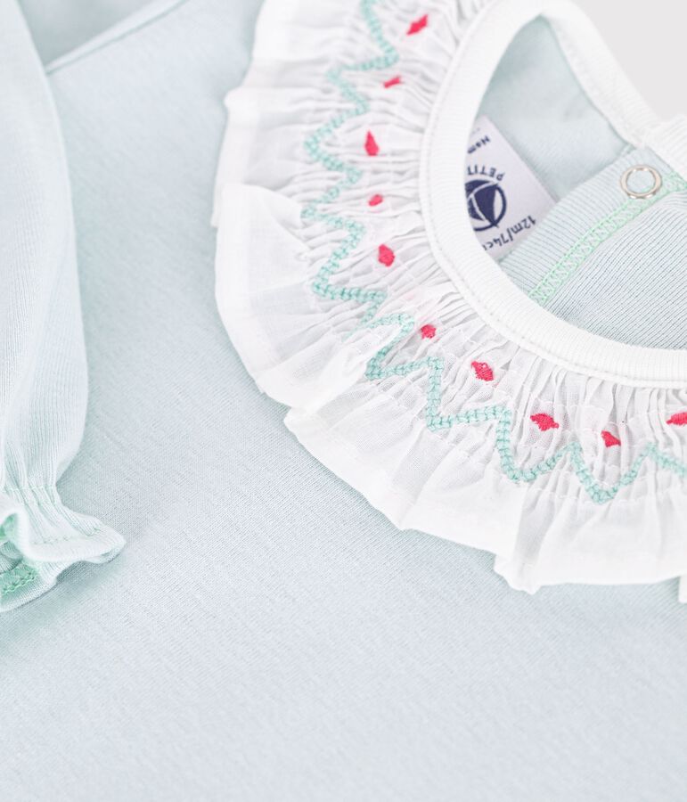 Babies back opening plain cotton pyjama suit with a ruff blue