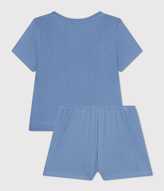 Girls' Plain Openwork Cotton Short Pyjamas BEACH blue