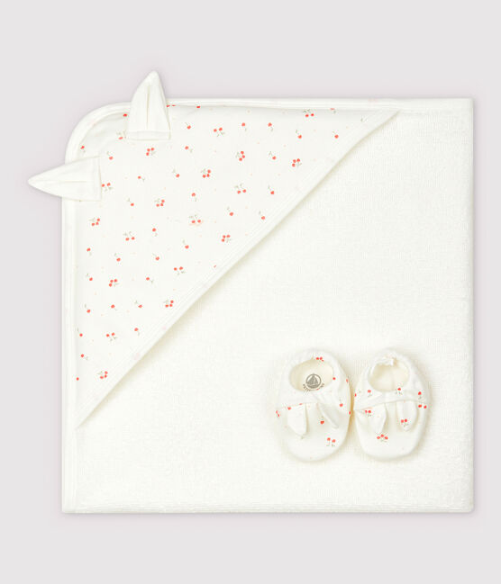 Babies' Square Bath Towel and Bootees Set in Terry and Organic Cotton MARSHMALLOW white/MULTICO white
