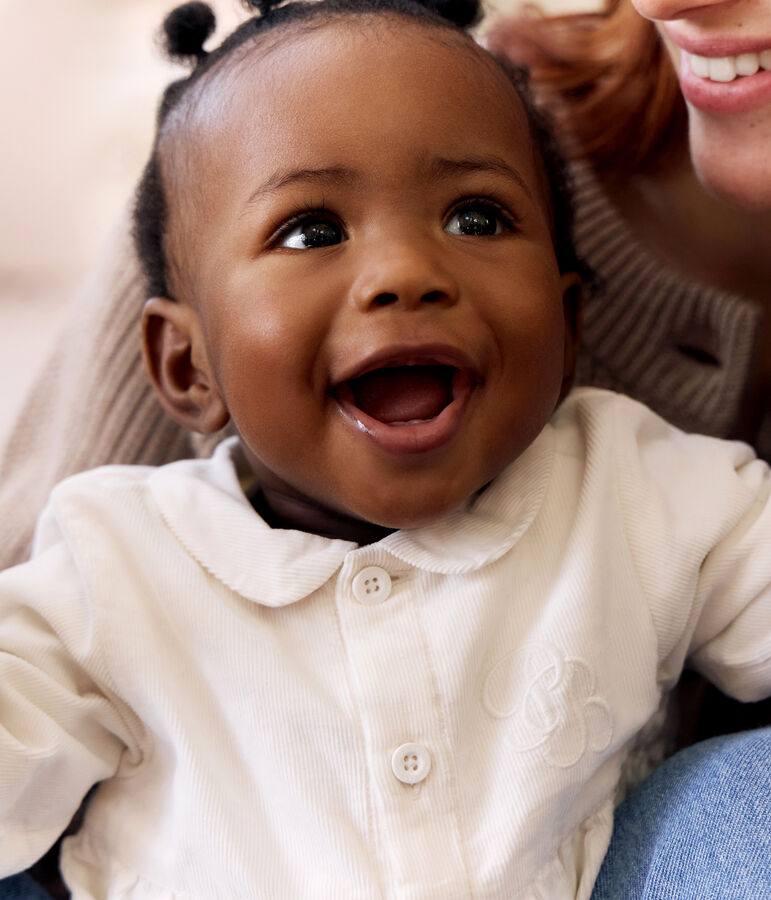 Babies' special occasion playsuit in embroidered corduroy Ecru