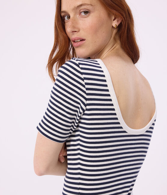 Women's short-sleeved stripy cotton body SMOKING blue/MARSHMALLOW white