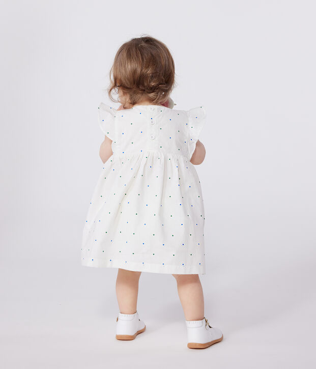 Babies' white cotton dress and bloomers printed with spots white/multicolor