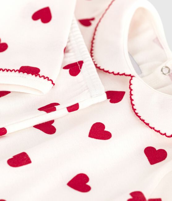 Babies' two-piece pyjamas printed with hearts MARSHMALLOW white/TERKUIT red