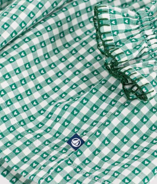 Children's long-sleeved poplin gingham dress green/white