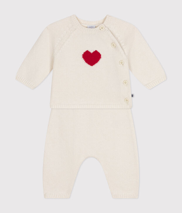 Babies' Wool/Cotton Heart Patterned Knit 2-Piece Outfit white/red
