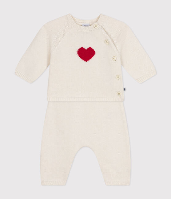 Babies' Wool/Cotton Heart Patterned Knit 2-Piece Outfit MARSHMALLOW red/CORRIDA white