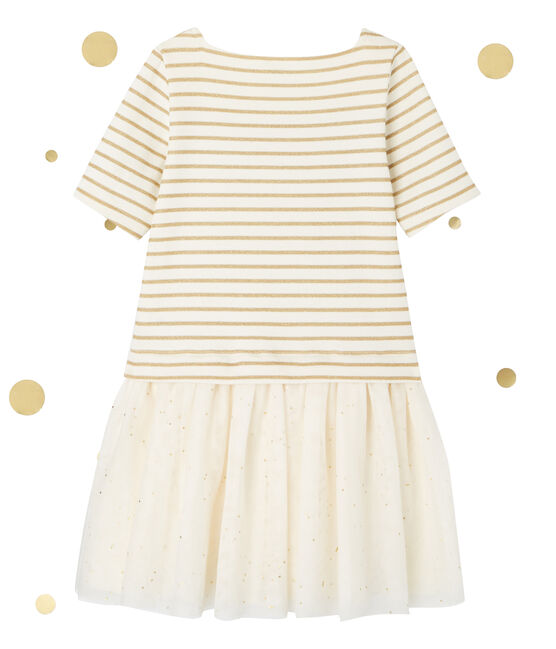 Girl's dual fabric dress with shiny stripes COQUILLE beige/LUREX DORE yellow