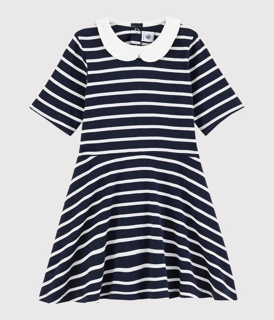Girls' Short-Sleeved Cotton Dress SMOKING blue/MARSHMALLOW white