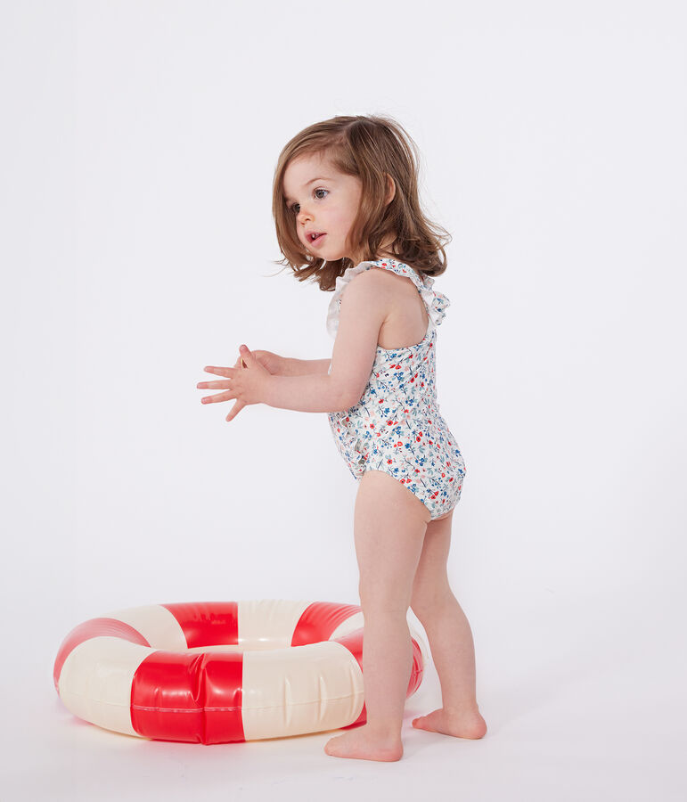 Babies' one-piece swimsuit with frills and a floral print. MARSHMALLOW white/MULTICO white