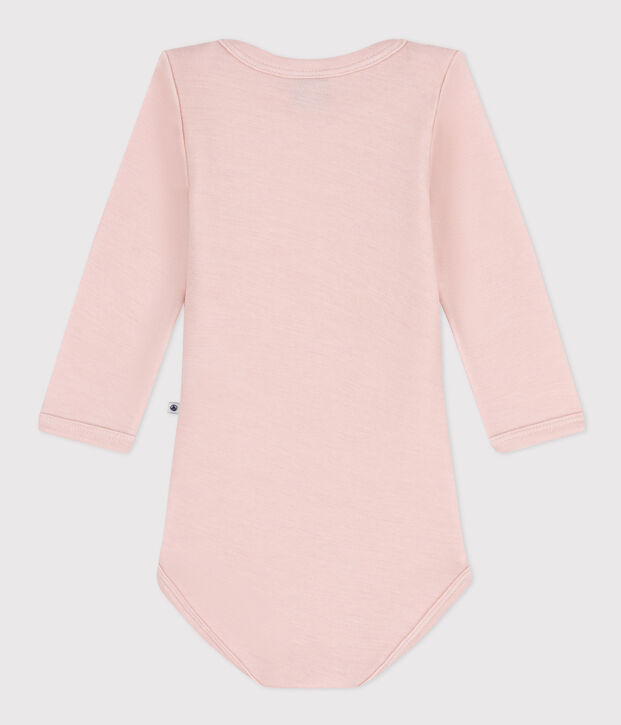 Babies' Stripy Long-Sleeved Cotton/Wool Bodysuit pink