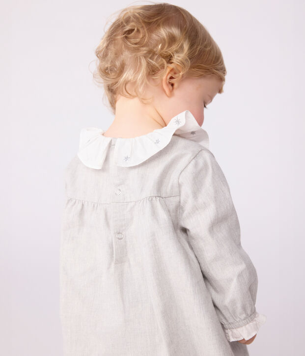 Babies' long-sleeved plain flannel dress with a collar grey