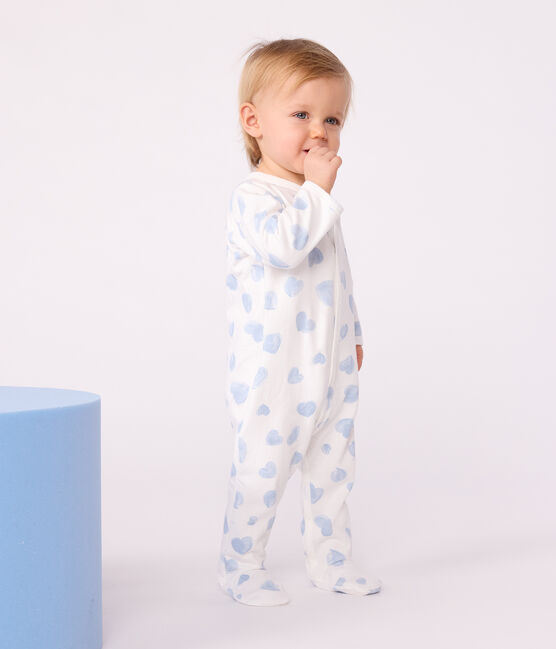 Babies' brushed fleece heart-print pyjamas with a collar MARSHMALLOW /ADRIATIC