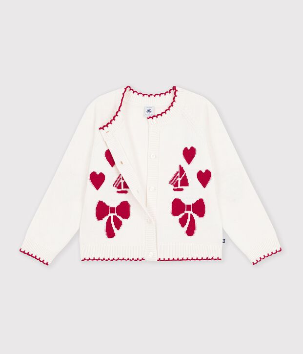 Children's wool and cotton cardigan with little motifs white/red