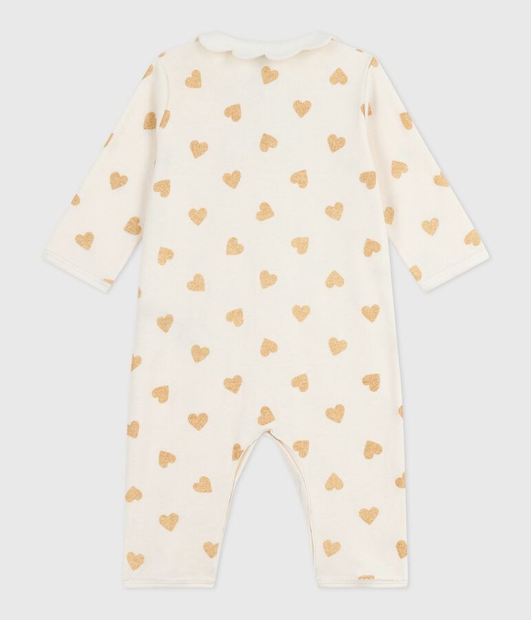 Baby cotton pajamas without feet with gold glitter heart print Ecru/yellow