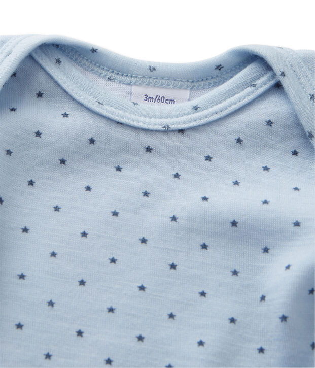 Baby boys' long-sleeved bodysuit in wool and cotton blue/grey