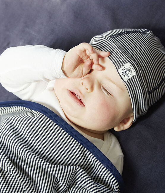 Newborn bonnet with anti-electromagnetic wave protection SMOKING blue/ECUME white