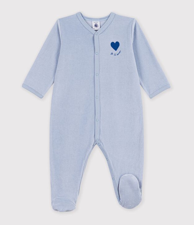 Babies' plain velour pyjama suit with a placed design blue