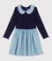 Girls' long-sleeved cotton dress in two materials SOIR blue