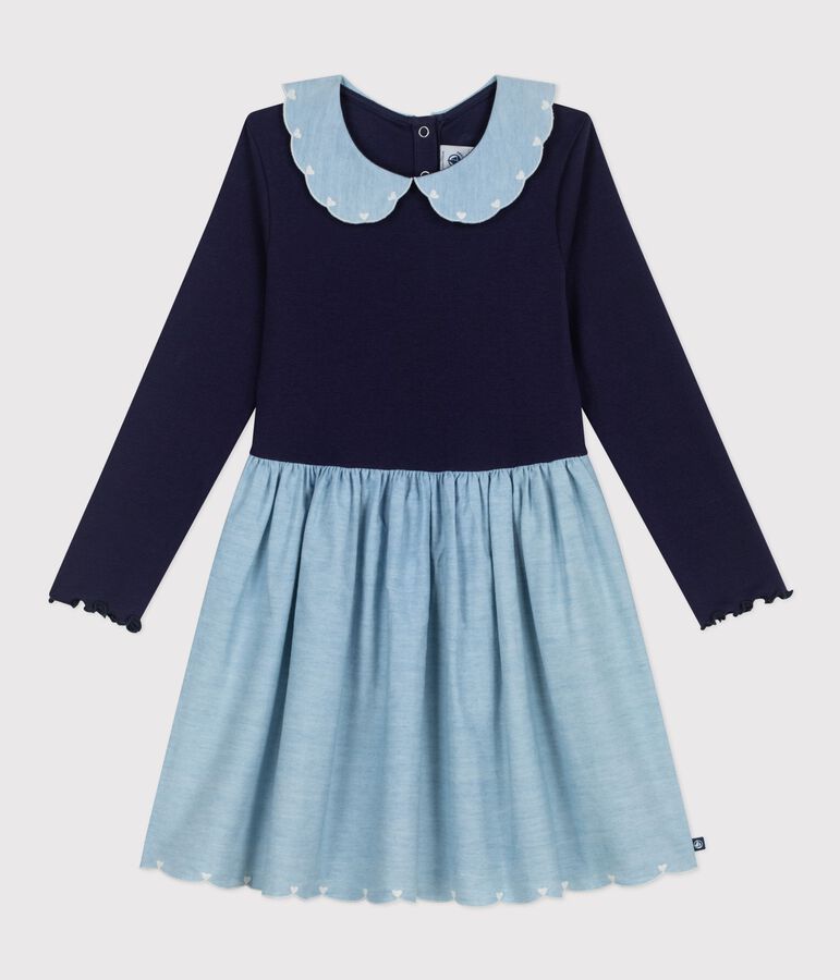 Girls' long-sleeved cotton dress in two materials SOIR blue
