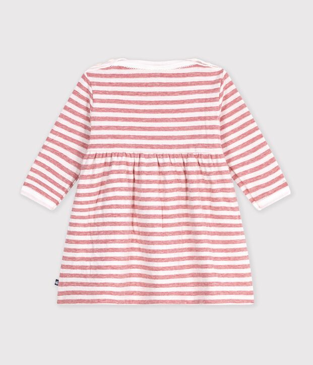 Babies' long-sleeved stripy cotton dress pink/ecru
