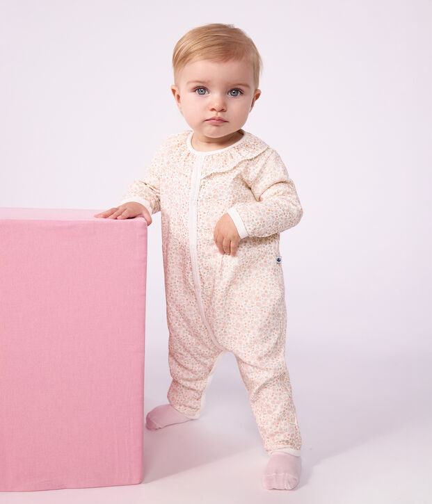 Babies' footless flower-print cotton pyjama suit with a collar white/multicolor