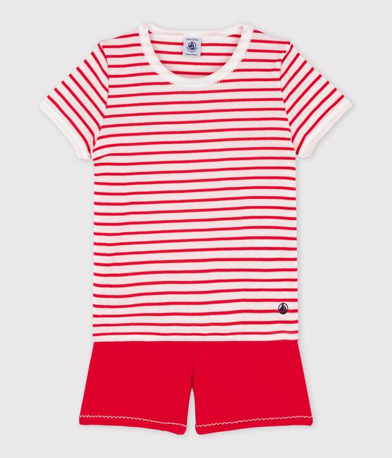Girls' Stripy Cotton Short Pyjamas MARSHMALLOW white/MULTICO white