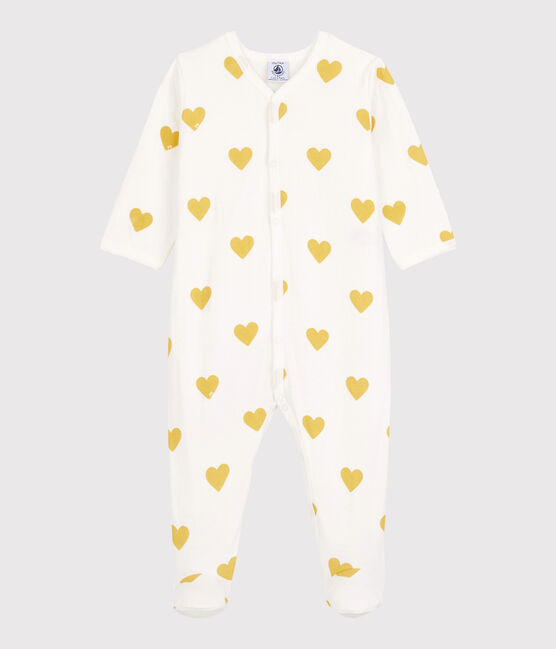 Babies' Yellow Heart Patterned Organic Cotton Sleepsuit MARSHMALLOW white/OCRE yellow