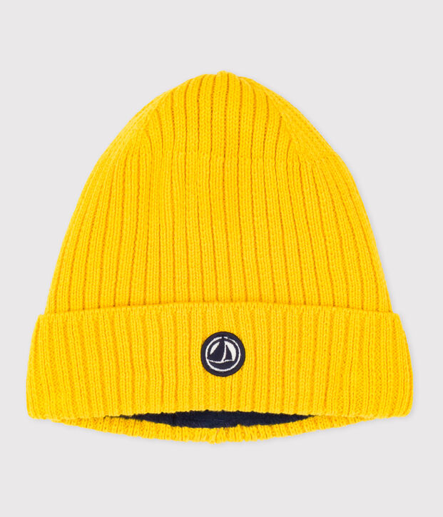 Children's knitted beanie hat lined in polar fleece yellow