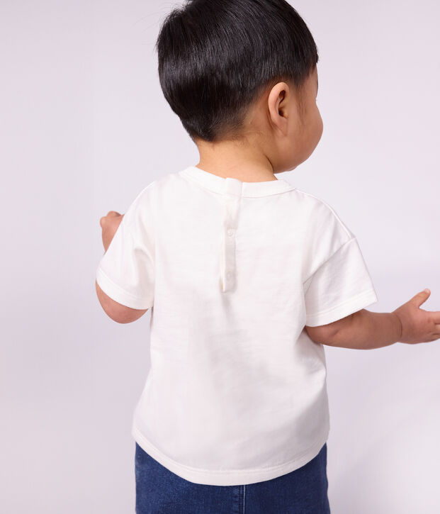Babies' plain short-sleeved patterned cotton T-shirt white