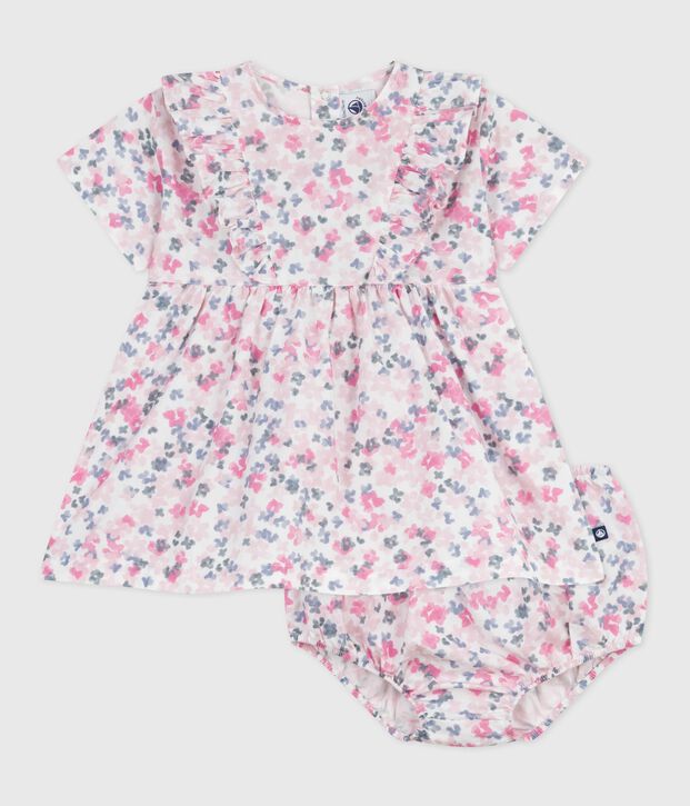 Babies' short-sleeved printed cotton dress with matching bloomers white/multicolor