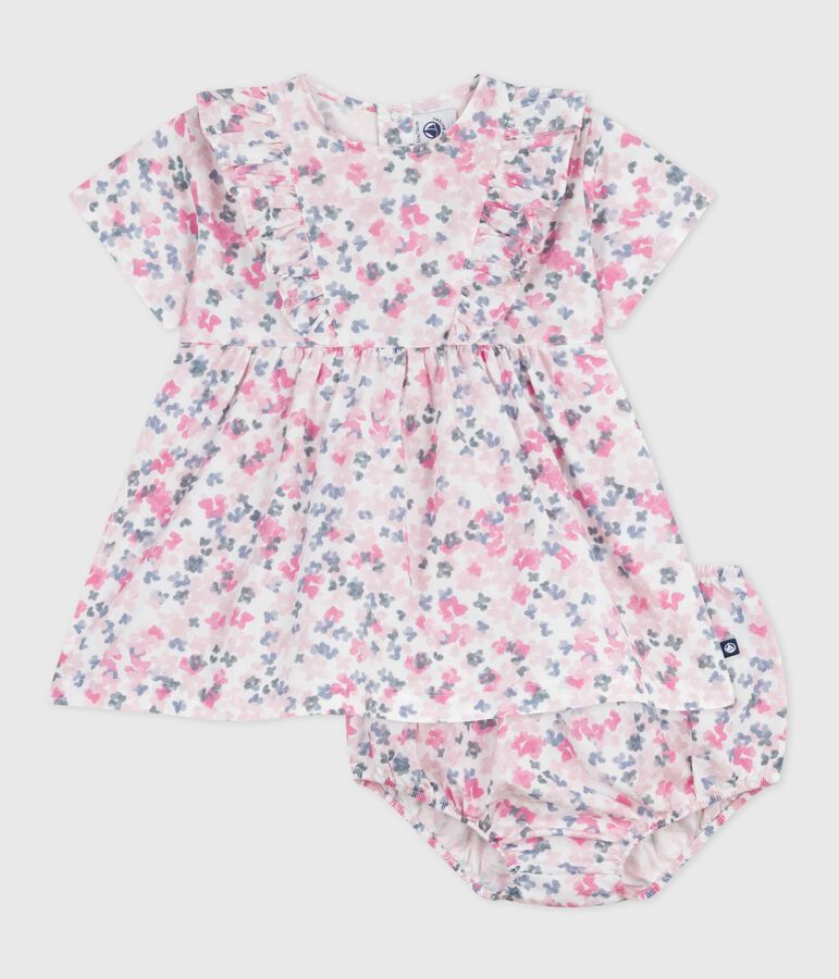 Babies' short-sleeved printed cotton dress with matching bloomers MARSHMALLOW white/MULTICO white