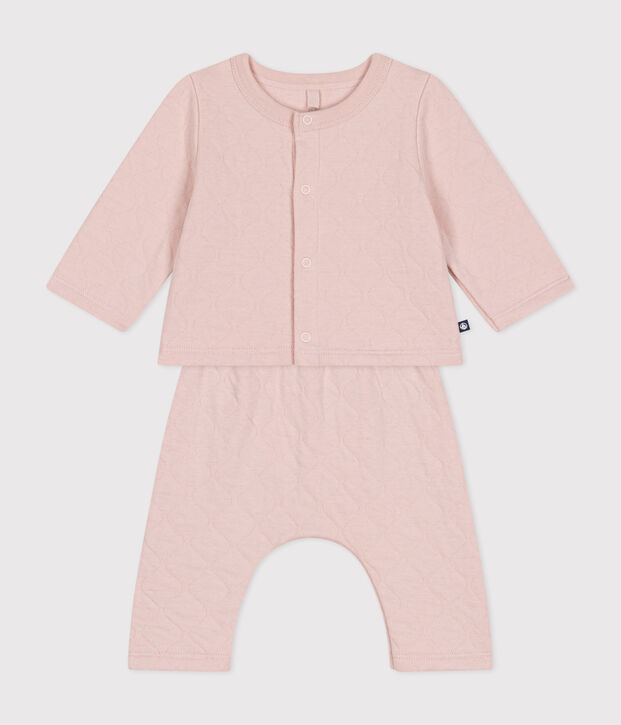 Babies' two-piece set in quilted tube knit pink