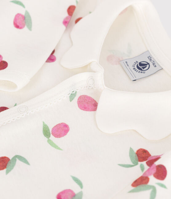 Babies' cotton pyjamas with a fruit pattern petal collar MARSHMALLOW white/MULTICO white