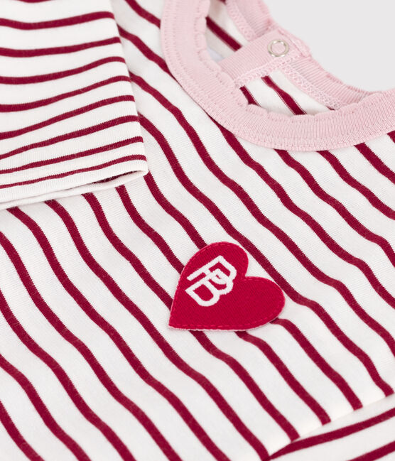 Babies' long-sleeved stripy cotton T-Shirt MILK red/AMARANTE