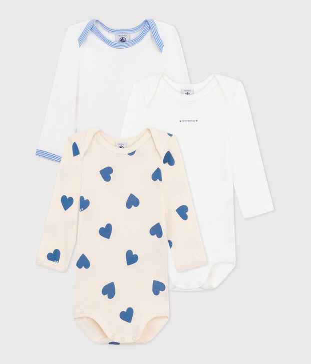 Babies' long-sleeved blue heart-patterned cotton bodysuits - 3-pack multicolor
