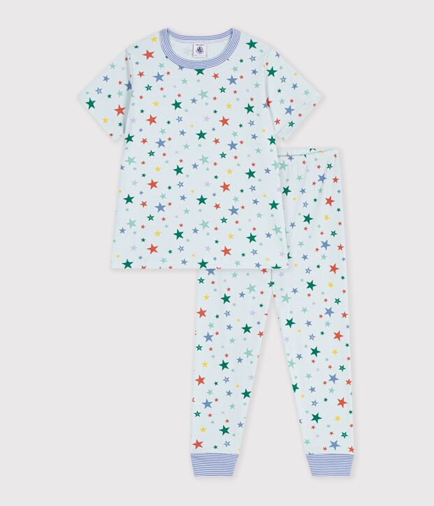 Children's printed cotton pyjamas with short sleeves and long legs blue/multicolor
