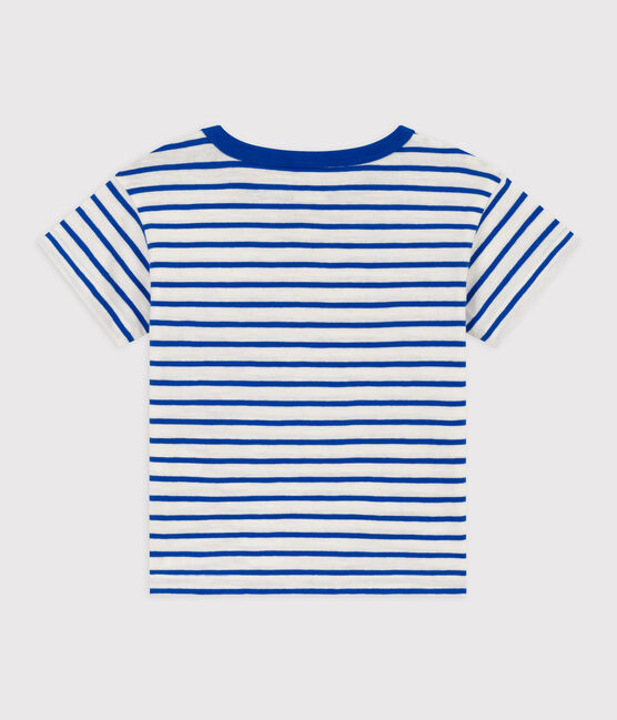 Babies' Stripy Cotton Short-Sleeved T-Shirt MARSHMALLOW white/PERSE blue