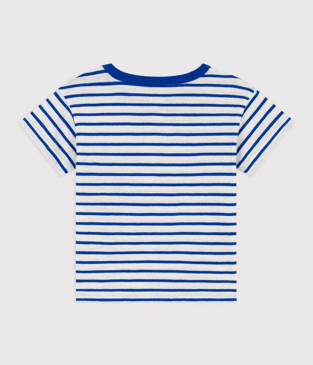 Babies' Stripy Cotton Short-Sleeved T-Shirt white/blue